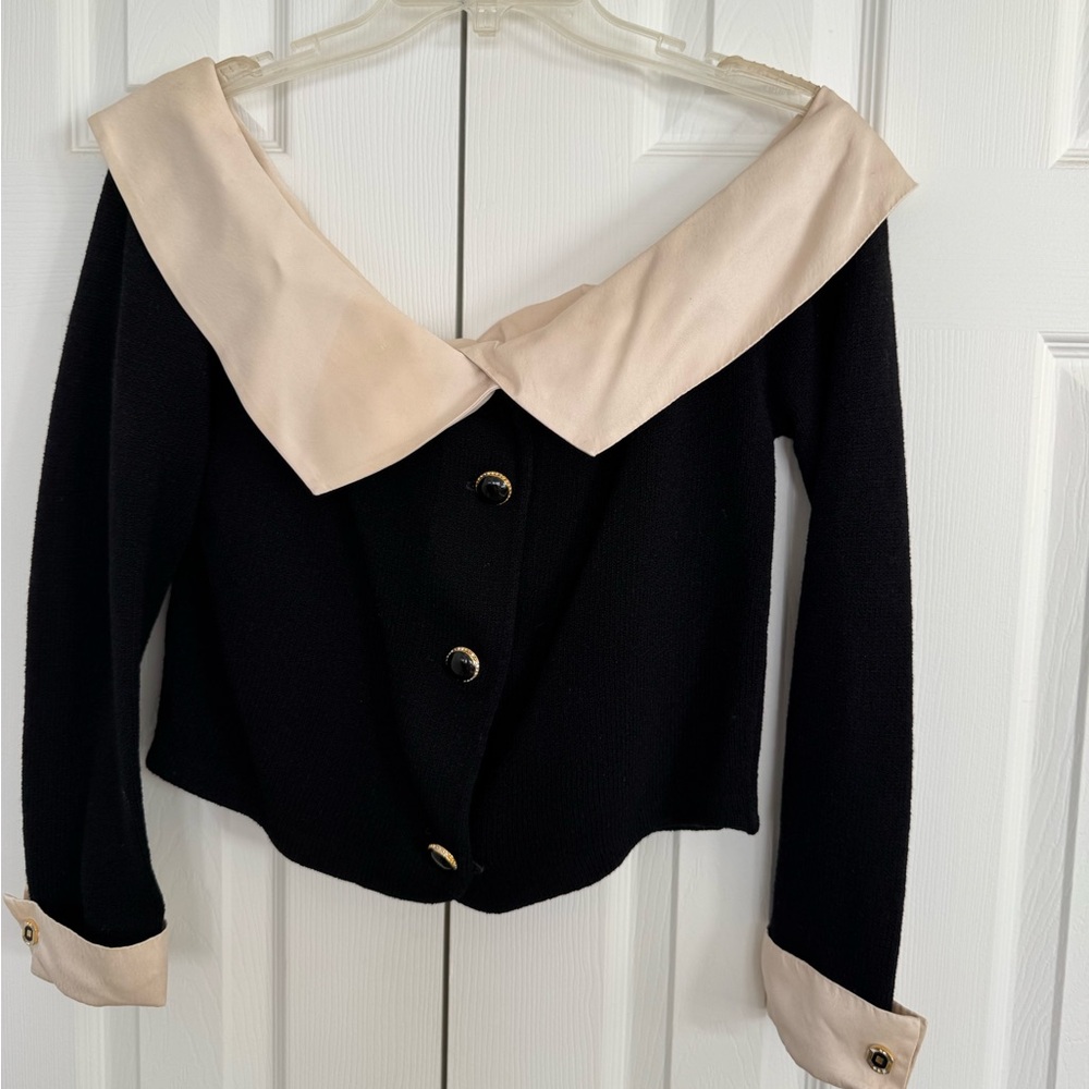 St. John Black and Cream Off-the-Shoulder Sweater